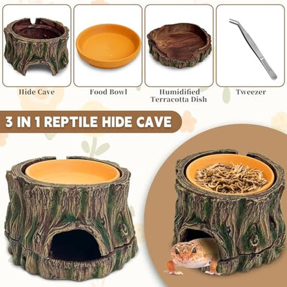 3 in 1 Reptile Hide Cave with Removable Sump and Humidity Water Dish,Reptiles Hideout Water Tank Accessories for Small Reptiles Gecko,Leopard Gecko,Lizard,Snake,Crabs