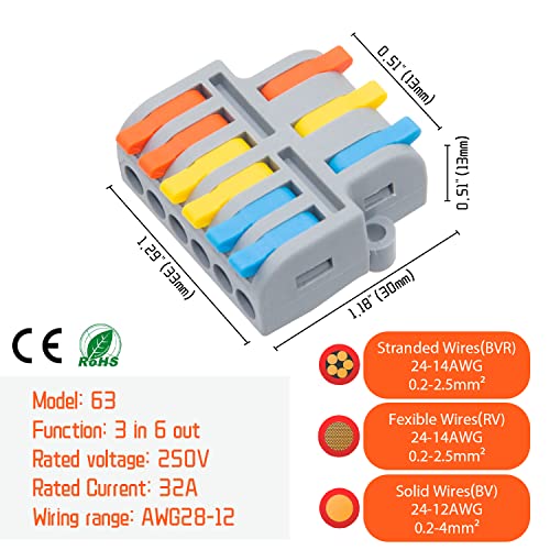 5Pcs Lever Wire Connectors, 3 in 6 Out Quick Wiring Cable Electrical Connector for 24-12 AWG