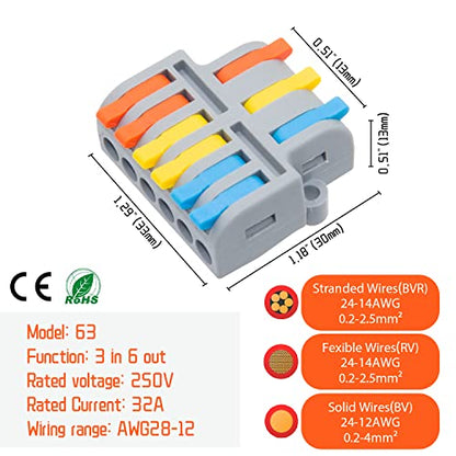 5Pcs Lever Wire Connectors, 3 in 6 Out Quick Wiring Cable Electrical Connector for 24-12 AWG