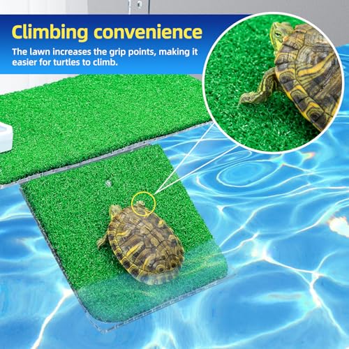 Turtle Basking Platform with Artificial Grass & Adjustable Ramp Non-Slip Large Dock for Aquatic Turtles Fits 0.31"-2.11" Thick Tanks Durable Acrylic Turtle Tank Accessories 15 Inch - size: 15 Inch