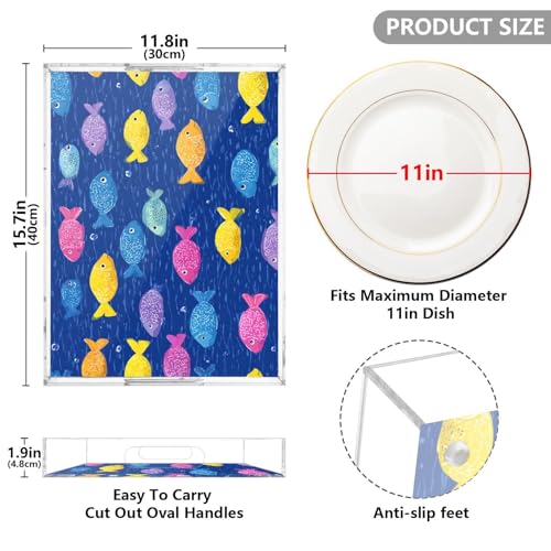 Acrylic Tray Clear Serving Vanity Ottoman Bathroom Coffee Table Countertop Organizer Raised Edge Spill Proof Dark Blue Cartoon Fishes - color: Dark Blue Cartoon Fishes