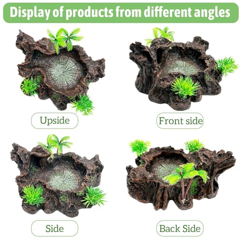 Reptile Water Dish, Snake Water Bowl, Resin Turtle Basking Platform with Artificial Plants, Crested Gecko Tank Accessories for Bearded Dragon, Hermit Crab, Snake (Smooth)