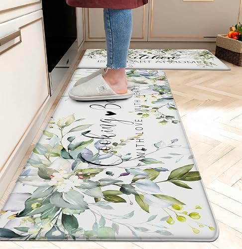Green Kitchen Rug Anti Fatigue Mats for Kitchen Floor Kitchen Rugs Sage Green Floral Herb Memory Foam Kitchen Mat Cushioned PVC Leather Kitchen Rug Set, 17.3x28+17.3x47 inchs - color: Green Herb
