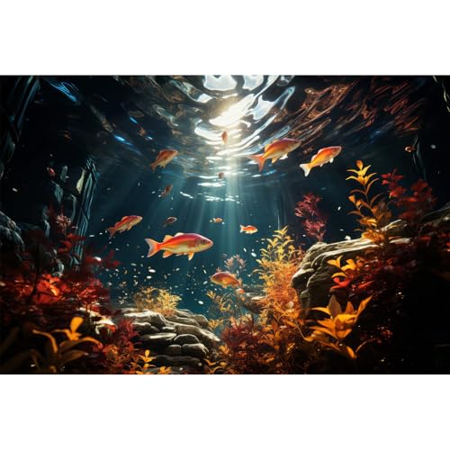 Underwater Aquarium Background Orange Aquatic Plants with Sunbeams Fish Tank Background Underwater Rooted Species Stone Rocks Tropical Fish Terrarium Background Vinyl 24x12in - color: Orange, size: 24(W)x12(H)in