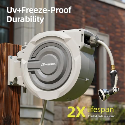 5/8" x 110 FT Retractable Garden Hose Reel by HOZEREEL, UV Resistant Hose Reels - Automatic Slow Self Retract Wall Mount Hose Reel Enclosed Storage, Any Length Lock 180° Swivel, 10 Pattern Nozzle