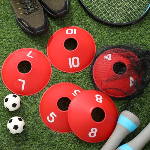 10 Pcs Numbered Sports Disc Cone with Mesh Carry Bag - color: Red