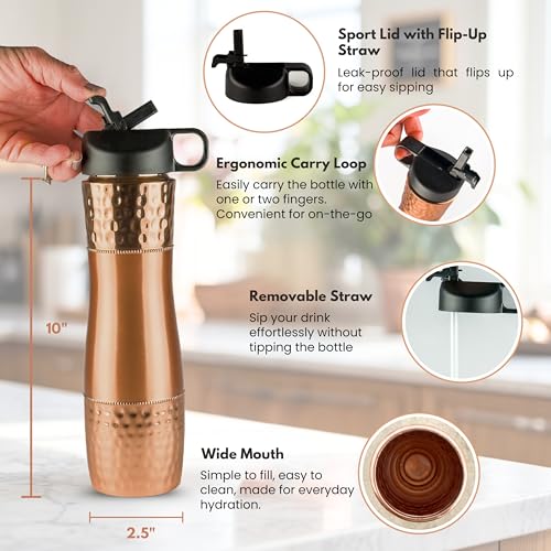 Pure Copper Water Bottle For Drinking Water with Straw and Sports Lid 33.5oz / 950ml Ayurveda Copper Bottle for Ayurvedic Health Benefits, Leak-Proof Split Hammered Design Vessel, Drink Water Daily - color: Black Lid