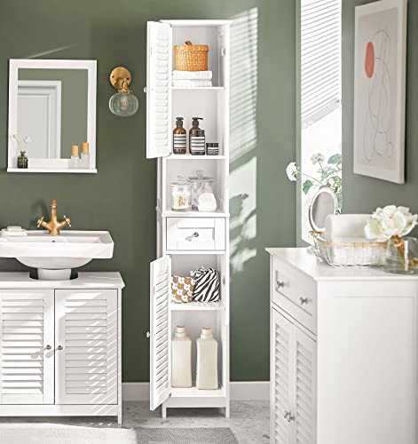 Haotian Narrow Bathroom Storage Cabinet, 67" Tall Skinny Bathroom Shelf with Drawers, Freestanding Corner Cabinet with Adjustable Shelves for Laundry Room, White, FRG236-W