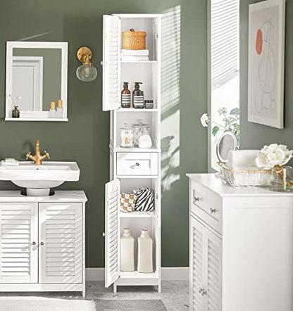 Haotian Narrow Bathroom Storage Cabinet, 67" Tall Skinny Bathroom Shelf with Drawers, Freestanding Corner Cabinet with Adjustable Shelves for Laundry Room, White, FRG236-W