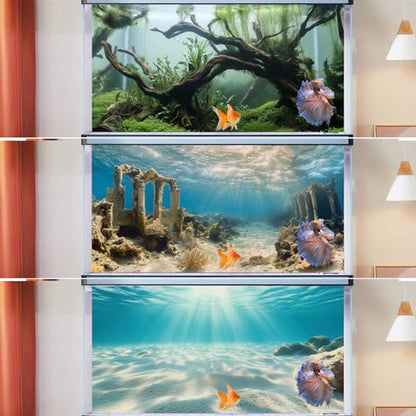 3 Pack Aquarium Background, 30x18 inches Polyester Aquarium Background, Cloth Fish Tank Background, Undersea Ruins Floor Sunshines & Tree Wood Branches Aquatic Plants - size: 30x18 Inch