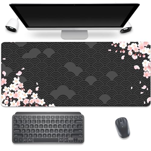 Black Watercolor Cherry Blossom Desk Pad Mouse Pad,Large Gaming Mouse Mat with Stitched Edges,Non-Slip Waterproof Rubber Base Mousepad for Office Work Home Desk Mat(27.5X11.8 in)