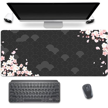 Black Watercolor Cherry Blossom Desk Pad Mouse Pad,Large Gaming Mouse Mat with Stitched Edges,Non-Slip Waterproof Rubber Base Mousepad for Office Work Home Desk Mat(27.5X11.8 in)