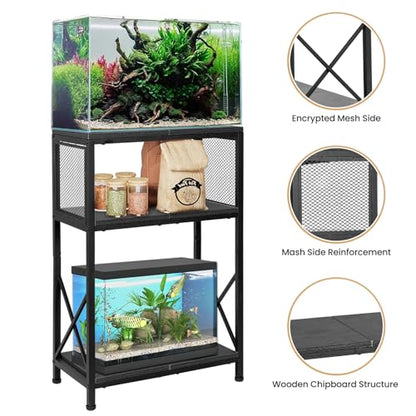 Fish Tank Stand, 10 Gallon Aquarium Stand, 3-Tier Metal Storage Shelf, 20.47"×11.42"×31.69" Heavy Duty Terrarium Stand for Home Office Fish Tank Shelf, Black - color: Rustic Black