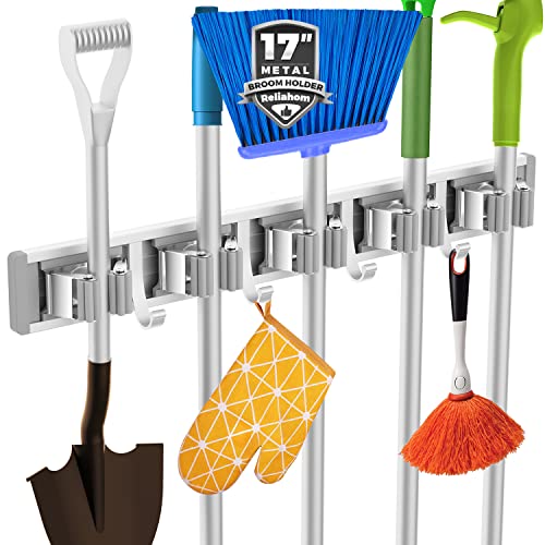 reliahom Broom Holder Wall Mount Mop Hanger Tools organizer 5Racks 4Hooks - color: Silver