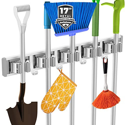 reliahom Broom Holder Wall Mount Mop Hanger Tools organizer 5Racks 4Hooks - color: Silver