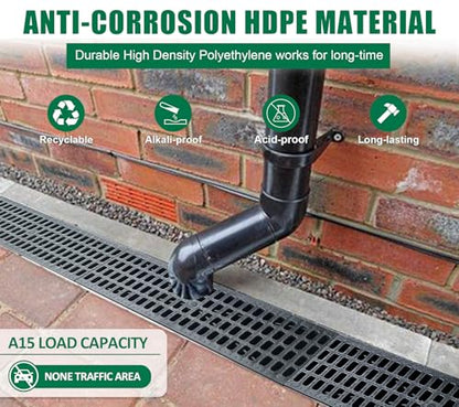 A15 Deep Profile HDPE Trench Drain-39.4Lx6.1Wx5.5H in. Channel Drain with Grates,Durable Plastic Yard Drainage System for Outdoor,Yard Fence,Houseside,Pool,Sidewalk,Patio,Backyard