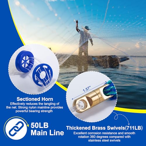 Goture American Fishing Cast Net Saltwater Freshwater, Heavy Duty Sinker, Dual Color Double Selvage, Increased Cast Net Area, 3/8 Mesh Fish Throw Cast Net with Needle for Shrimp Trap, 6Ft Radius