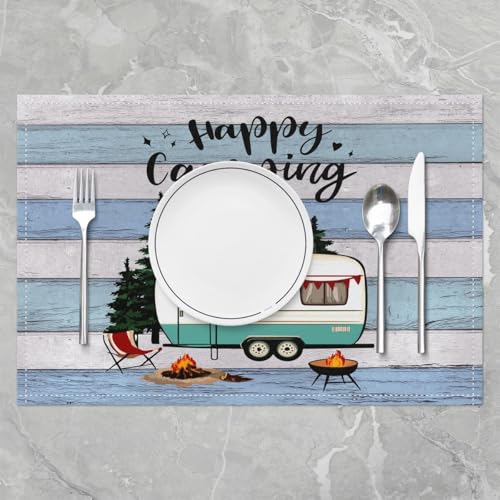Feelyou Camper Placemats Set of 4 Happy Camping Table Mats Cartoon Camping Car Place Mat for Kitchen Dining Table Party Decor Indoor Outdoor 18"x12" Non-Slip Easy to Clean RV Camping