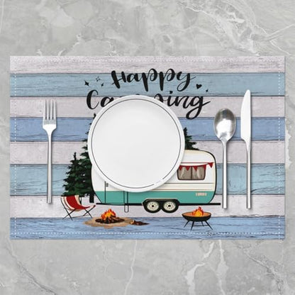 Feelyou Camper Placemats Set of 4 Happy Camping Table Mats Cartoon Camping Car Place Mat for Kitchen Dining Table Party Decor Indoor Outdoor 18"x12" Non-Slip Easy to Clean RV Camping
