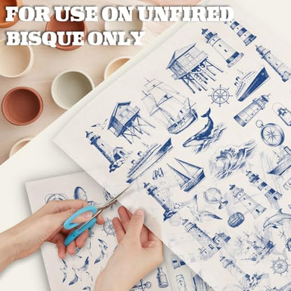 PLIGREAT 5 Pcs Marine Themed Underglaze Transfer for Pottery, 20.5x14.6in Ceramic Clay Transfer Paper Lighthouse Ship Ceramic Decals Blue Under Glaze Transfers for DIY Handicraft Supplies - style: Marine