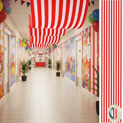1 Pack Circus Halloween Decorations 32 Inch x 16 ft Red and White Hanging Banner with Tape Ceiling Decor for Carnival Birthday Classroom Circus Theme Party Decorations - style: Carnival