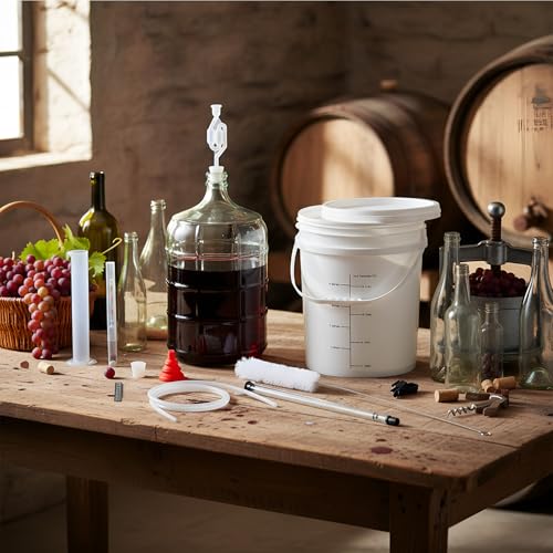 Wine Making Kit Include 5 Gallon Carboy, 6.5Gallon Bucket,Lid, Automatic Siphon, Hydrometer, Alcohol Percentage Tester, Bottle Filler, Airlock, Plug Funnel for Primary & Secondary Fermentation
