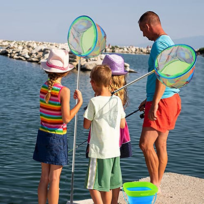 Floating Telescopic Folding Net with 7 Inch Pliers & Lip Gripper - Kids Fishing Net with Foldable Sand Bucket & Fishing Gear Accessories