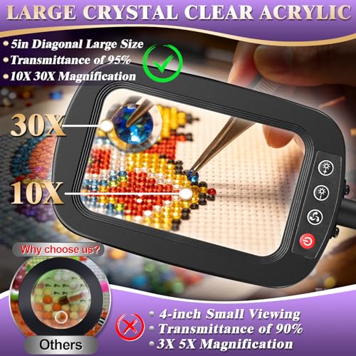10X 30X Large Magnifying Glass with Light and Stand, 5-inch Lighted Magnifier, 72 LED 3 Color Modes Stepless Dimmable, Hands-Free Magnifying Glass Desk Lamp for Reading Craft Hobby Close Work