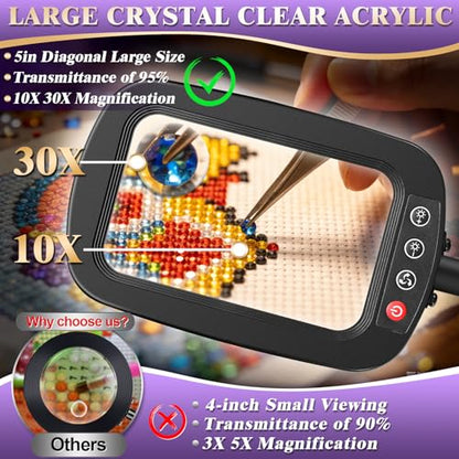 10X 30X Large Magnifying Glass with Light and Stand, 5-inch Lighted Magnifier, 72 LED 3 Color Modes Stepless Dimmable, Hands-Free Magnifying Glass Desk Lamp for Reading Craft Hobby Close Work