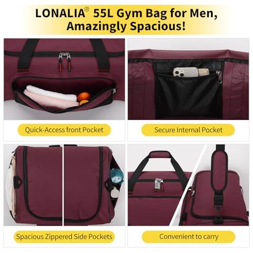 55L Large Sports Duffle Gym Bag for Men, Maroon - color: Maroon