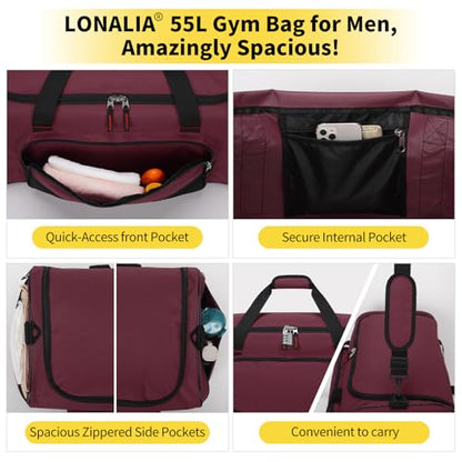 55L Large Sports Duffle Gym Bag for Men, Maroon - color: Maroon