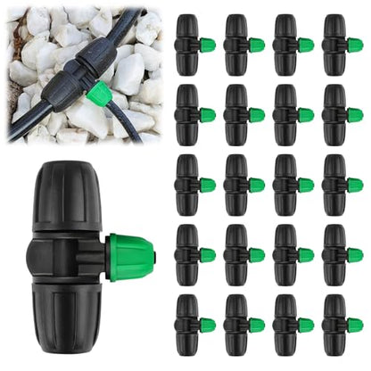 Kalolary 20PCS Locked Barbed Tee Connectors, 5/16" to 1/4" Drip Irrigation Fittings Kit 8/12mm to 4/7mm Tube Lock Female Connector 3-Way Barbed Lock Irrigation Parts for Watering System (Black Green)