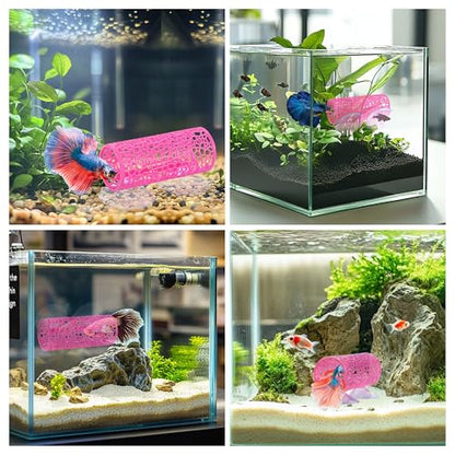 Betta Fish Tunnel Tank Accessories Safe Hollow Hammock Cave Aquarium Fish Toy Decor Hideout Tube Shelter with Suction Cups for Small Fish Shrimp Reptile Guppies Habitat (Hot Pink)