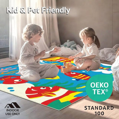 5'x7' Washable Modern Fish Area Rug, Yellow Non-Shedding Pet Friendly Carpet for Small Living Room, Playroom, Bedroom, Easy Care Kids Safe Mat | Ref:1887345 - color: Blue/Pattern 45, size: 5' x 7' (Rectangular)