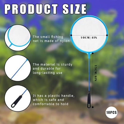 Aquarium Fish Net, Round Small Fish Net for Tank Cleaning, Blue Flexible Nylon Material, 10-Pack (25cm Length / 10cm Width) for Catching Fish, Debris, and Brine Shrimp