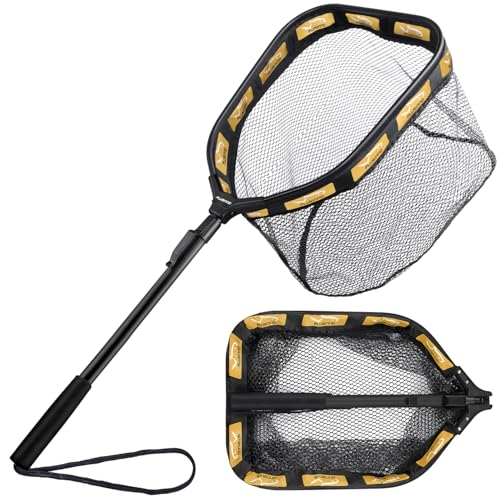 PLUSINNO Floating Fishing Net for Steelhead, Salmon, Fly, Kayak, Catfish, Bass, Trout Fishing, Rubber Coated Foldable Landing Net with Fixed or Telescoping Pole Handle, Fishing Gear and Gifts for Men