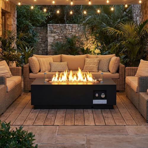 42'' Outdoor Propane Fire Pit Table, 50,000 BTU Rectanle Natural Gas Fire Pits with Tank Cover Wind Guard, No Assembly Low Profile Fire Table for Outside Patio & Backyard, Black - size: 42"