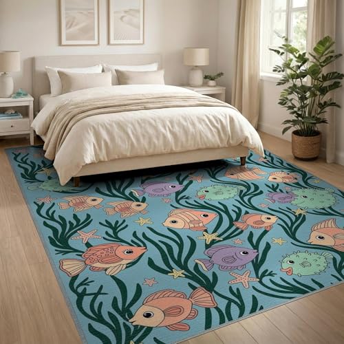 8'x10' Washable Kawaii Fish Large Rug, Green Non-Shedding Pet Friendly Carpet Foldable Easy Care Mat for King Size Bedroom, Master Suite, Under Bed | Ref:1886846 - color: Blue/Pattern 48, size: 8' x 10' (Rectangular)