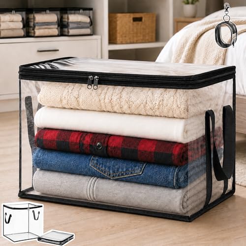 Clear Storage Bins with Lids, Plastic Storage Boxes and Closet Organizers for Under Bed Toy Storage, Foldable Moving Bags for Packing Clothes (Black-1PC, Large: 15 x 9.5 x 12.6 in) - color: Black-1PC, size: Large: 15 x 9.5 x 12.6 in