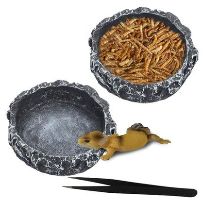 IBWell 2pcs Reptile Water Bowl with Feeding Tweezers - Feeding Dish for Lizard, Snake, Tortoise & Small Animals - Grey Rock