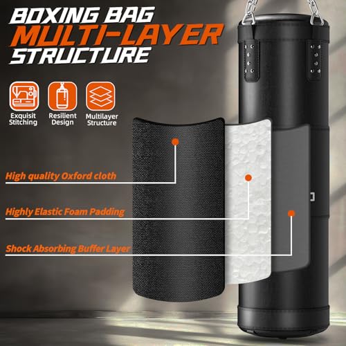 Punching Bag for Adults, 4 ft Set with 12 oz Boxing Gloves | 195-inch wraps, Oxford fabric and PU panel, reinforced stitching, hanging hardware for MMA and kickboxing; ships unfilled