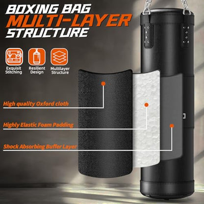 Punching Bag for Adults, 4 ft Set with 12 oz Boxing Gloves | 195-inch wraps, Oxford fabric and PU panel, reinforced stitching, hanging hardware for MMA and kickboxing; ships unfilled