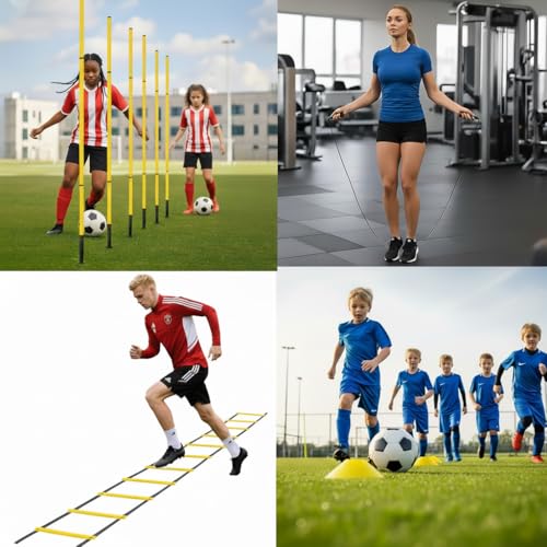 Soccer Agility Training Equipment, 6 Adjustable Soccer Training Agility Poles, 1 Speed Agility Ladder,10 Soccer Agility Cones for Training, 1 Jump Rope + Storage Bag for Youth Soccer Drills
