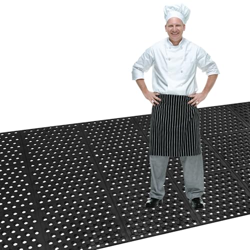 82.6 x 35.4 Inch Non-Slip Commercial Anti-Fatigue Drainage Rubber Mat Roll, Heavy Duty Rubber Floor Mat with Holes for Restaurants, Bars, and Wet Areas, Black