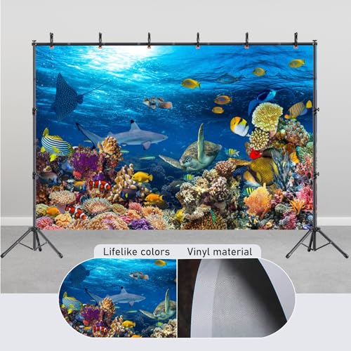 Yeele 10x7ft Deep Sea Animal Backdrop Underwater Ocean Animals Tropical Fishes Turtle Coral Reef Background Under The Sea Mermaid Birthday Party Decor Aquarium Photo Background