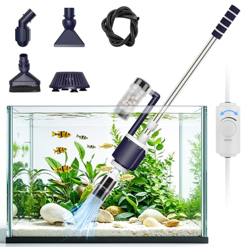 AQQA 600GPH Electric Aquarium Gravel Cleaner, 6-in-1 Automatic Fish Tank Vacuum Cleaner & Water Changer with Stainless Steel Handle & 3-Stage Filter Cup for Turtle Tanks, Adjustable Flow 34W