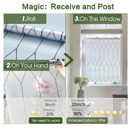 Window Privacy Film Stained Glass Static Clings, Bathroom Frosted Leaded Decorative Window Stickers, UV Heat Blocking Opaque Removable for Home Door Coverings (17.5 x 78.8in,Pure)