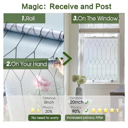 Window Privacy Film Stained Glass Static Clings, Bathroom Frosted Leaded Decorative Window Stickers, UV Heat Blocking Opaque Removable for Home Door Coverings (17.5 x 78.8in,Pure)