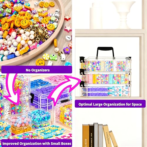 Bead Organizer Box 58 Pcs, 3-Tier Stackable Storage Box, and 3 Different Container Sizes Small Plastic Containers with Lids, Portability, Clear Organizers for Jewelry DIY Craft Storage