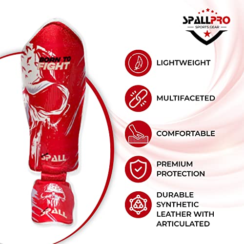 Spall Pro US Muay Thai Guards Shin Guards for Kickboxing Martial Arts BJJ Boxing Sparring with MMA Foot Protector - Born to Fight Red (Small/Medium)